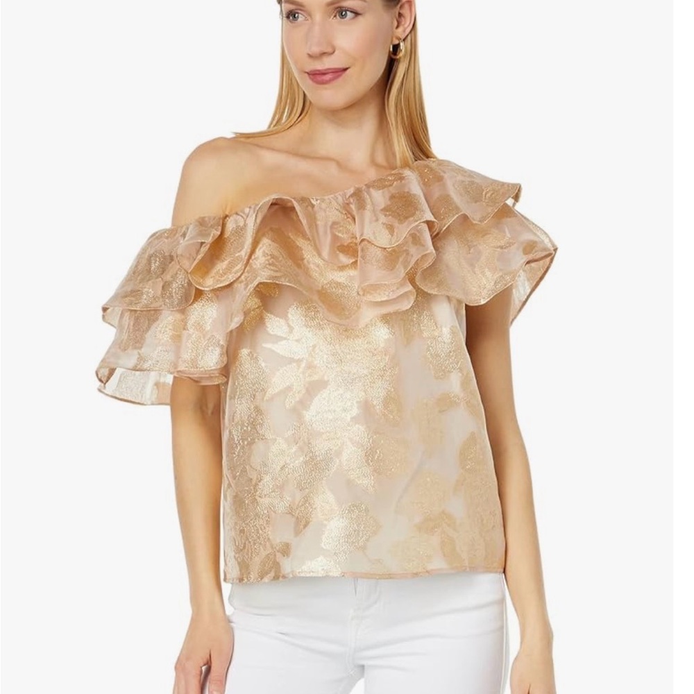 Lilly Pulitzer Trixie One Shoulder Gold Organza Brocade Top Small NWT Resort - Picture 6 of 9
